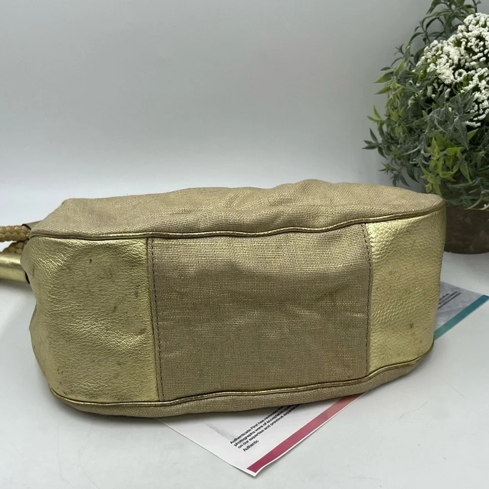 Authenticated Kate Spade Gold Metallic Glitter Canvas Leather Gabi Avalon Hobo‎